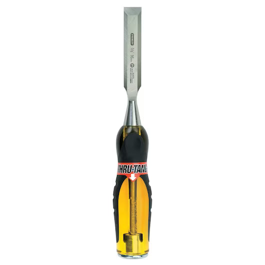 The STANLEY 5/8 IN FATMAX® THRU-TANG™ Wood Chisel features a beveled steel blade and a yellow and black handle, ideal for woodworking and carpentry.